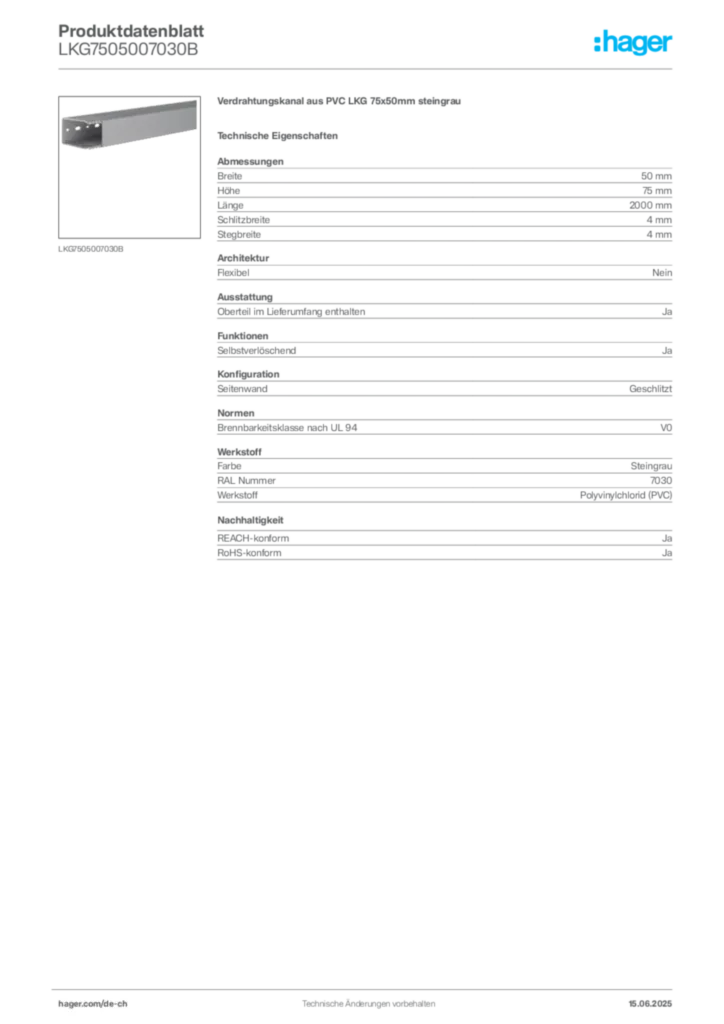 Bild Hager Produktdatenblatt LKG7505007030B | Hager Schweiz