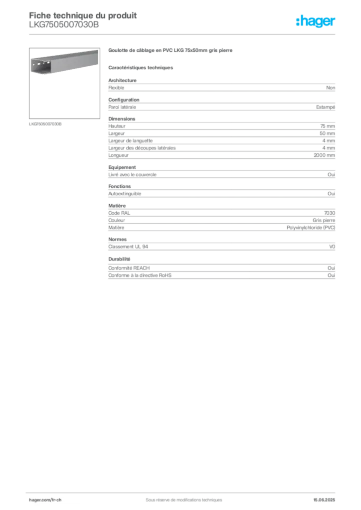Image Hager Fiche technique du produit LKG7505007030B | Hager Suisse