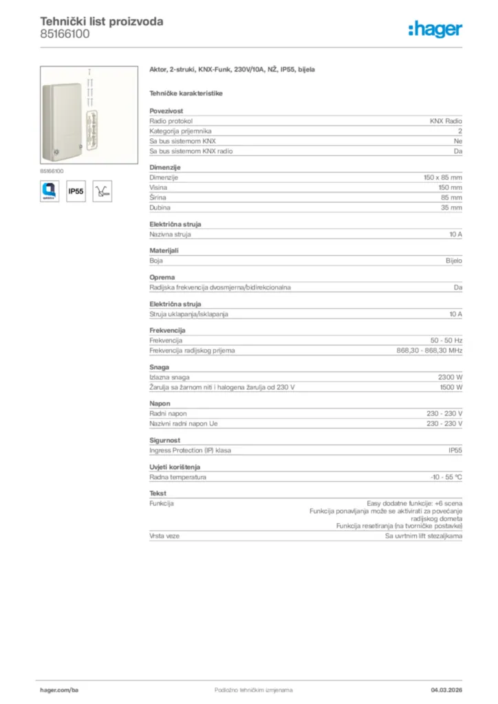 Slika Hager Tehnički list proizvoda 85166100  | Hager