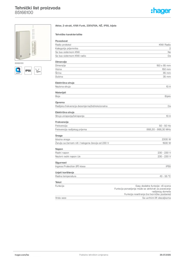 Slika Hager Product data sheet 85166100  | Hager