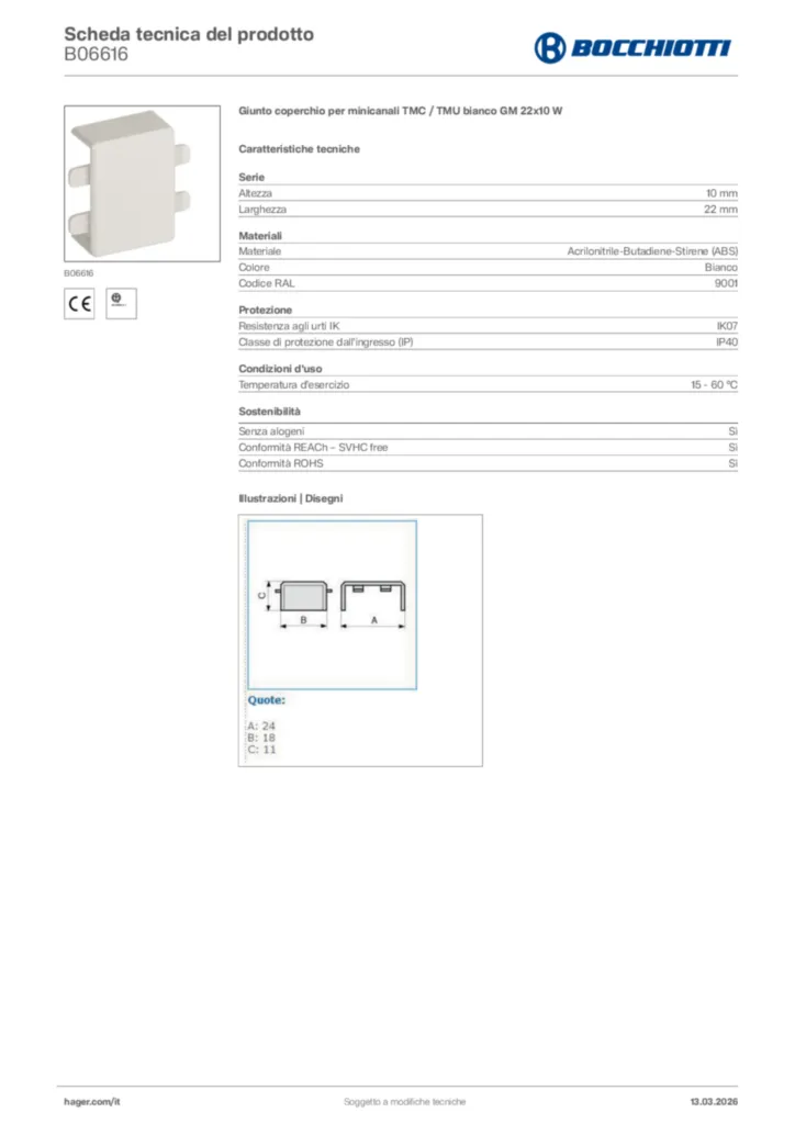 Immagine Bocchiotti Scheda tecnica del prodotto B06616 | Hager Italia