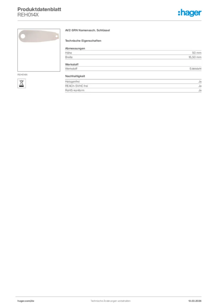 Bild Hager Produktdatenblatt REH014X | Hager Deutschland