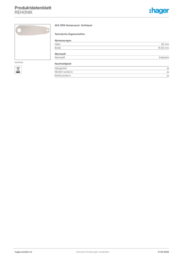 Bild Hager Produktdatenblatt REH014X | Hager Schweiz