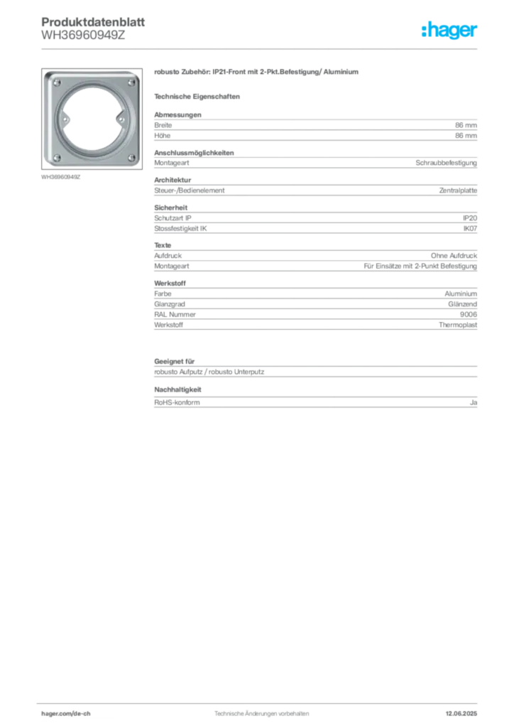 Bild Hager Produktdatenblatt WH36960949Z | Hager Schweiz