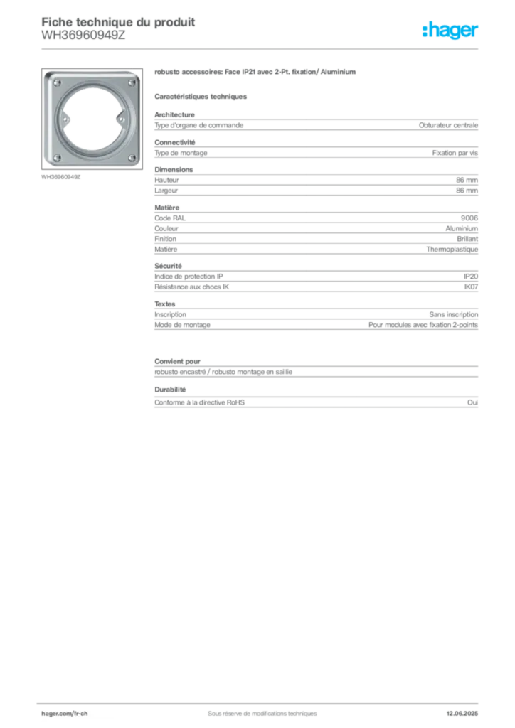 Image Hager Fiche technique du produit WH36960949Z | Hager Suisse