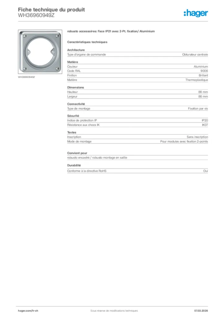 Image Hager Fiche technique du produit WH36960949Z | Hager Suisse