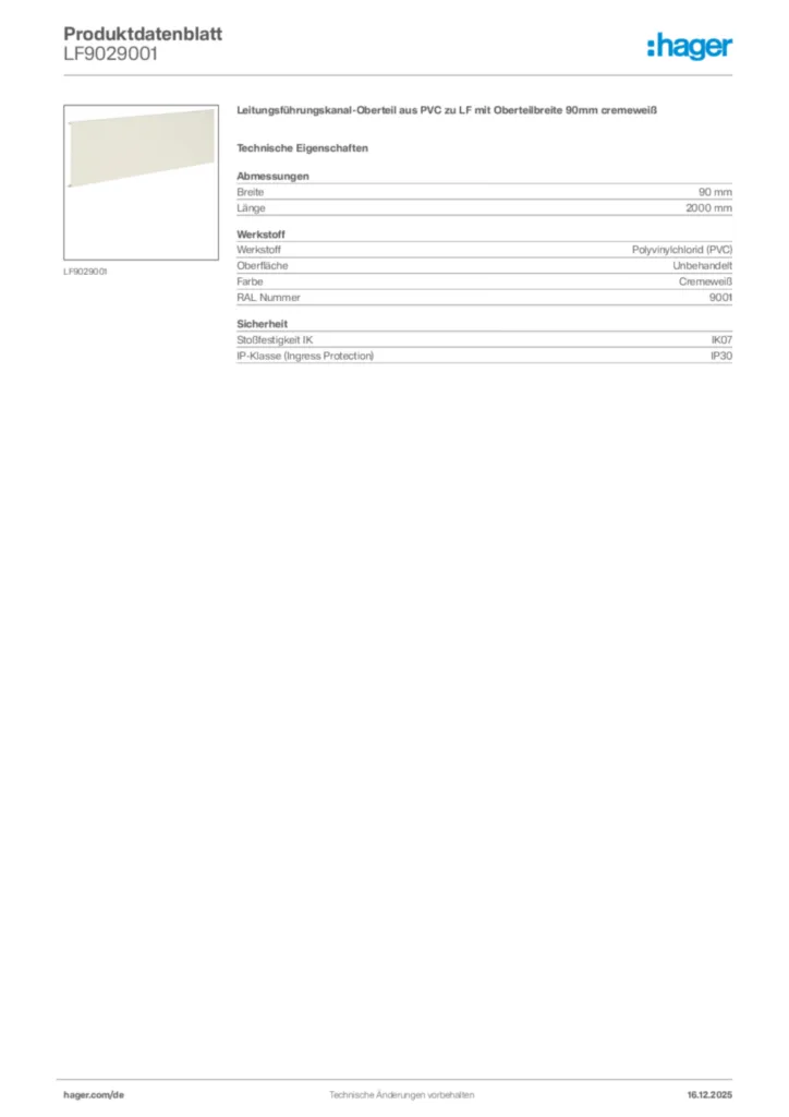 Bild Hager Produktdatenblatt LF9029001 | Hager Deutschland