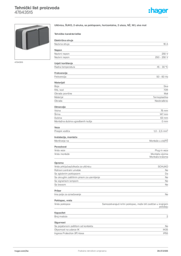 Slika Hager Product data sheet 47843515  | Hager