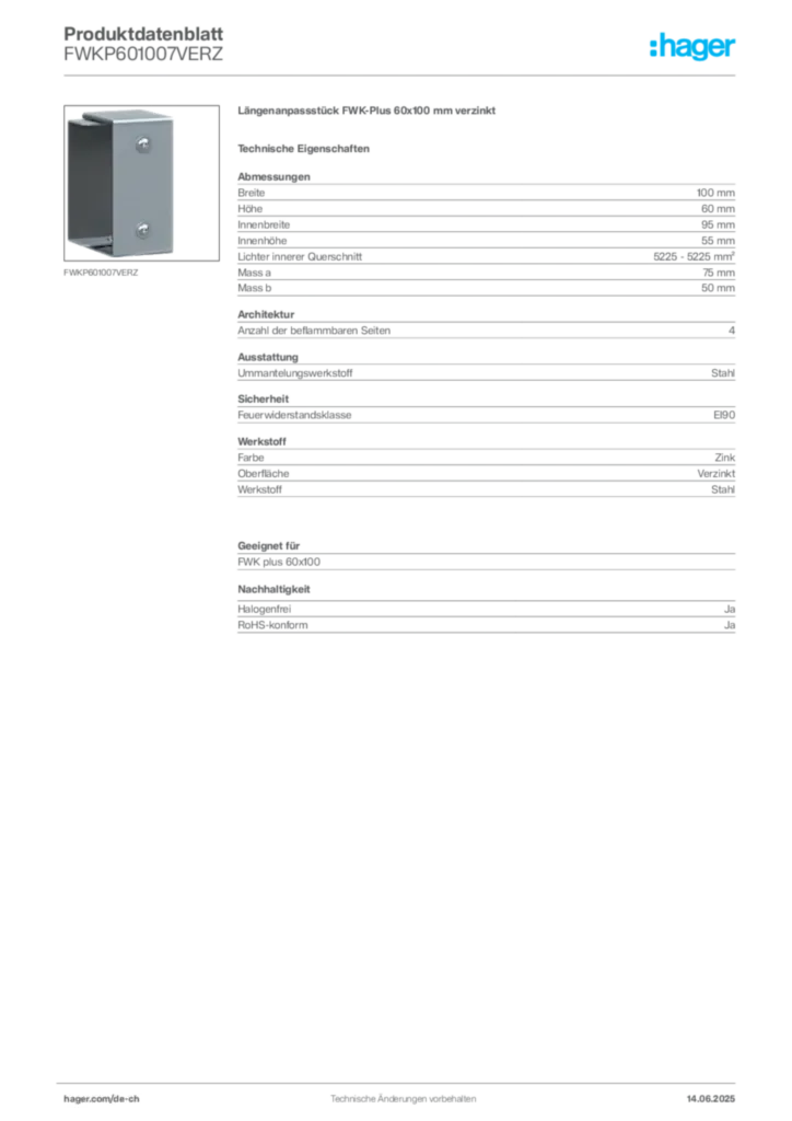 Bild Hager Produktdatenblatt FWKP601007VERZ | Hager Schweiz