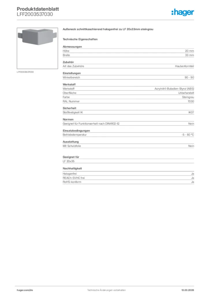 Bild Hager Produktdatenblatt LFF2003537030 | Hager Deutschland