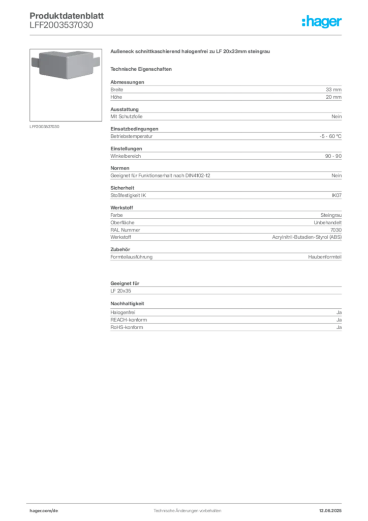 Bild Hager Produktdatenblatt LFF2003537030 | Hager Deutschland