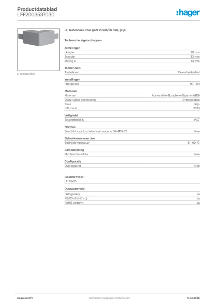 Afbeelding Hager Productdatablad LFF2003537030 | Hager Nederland