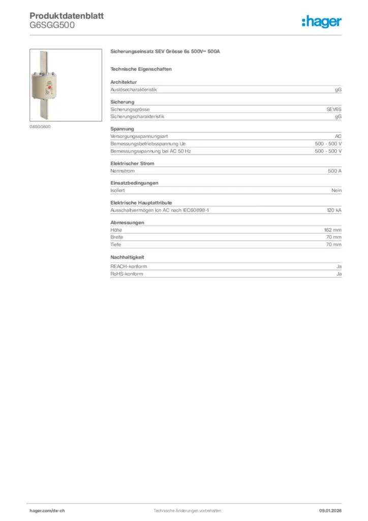 Bild Hager Produktdatenblatt G6SGG500 | Hager Schweiz