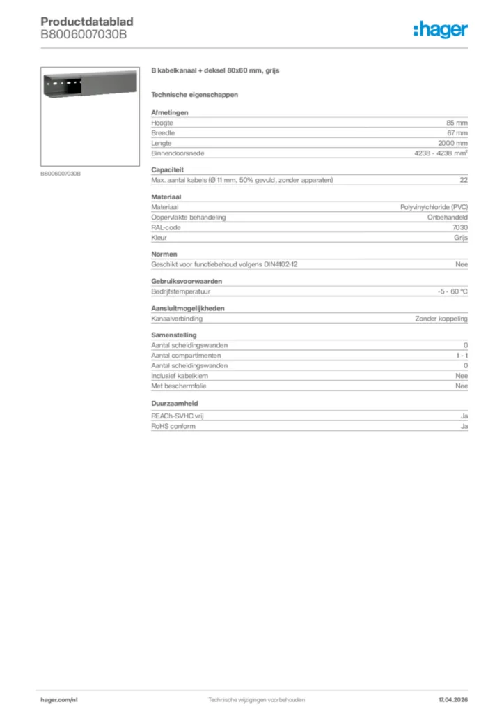 Afbeelding Hager Productdatablad B8006007030B | Hager Nederland