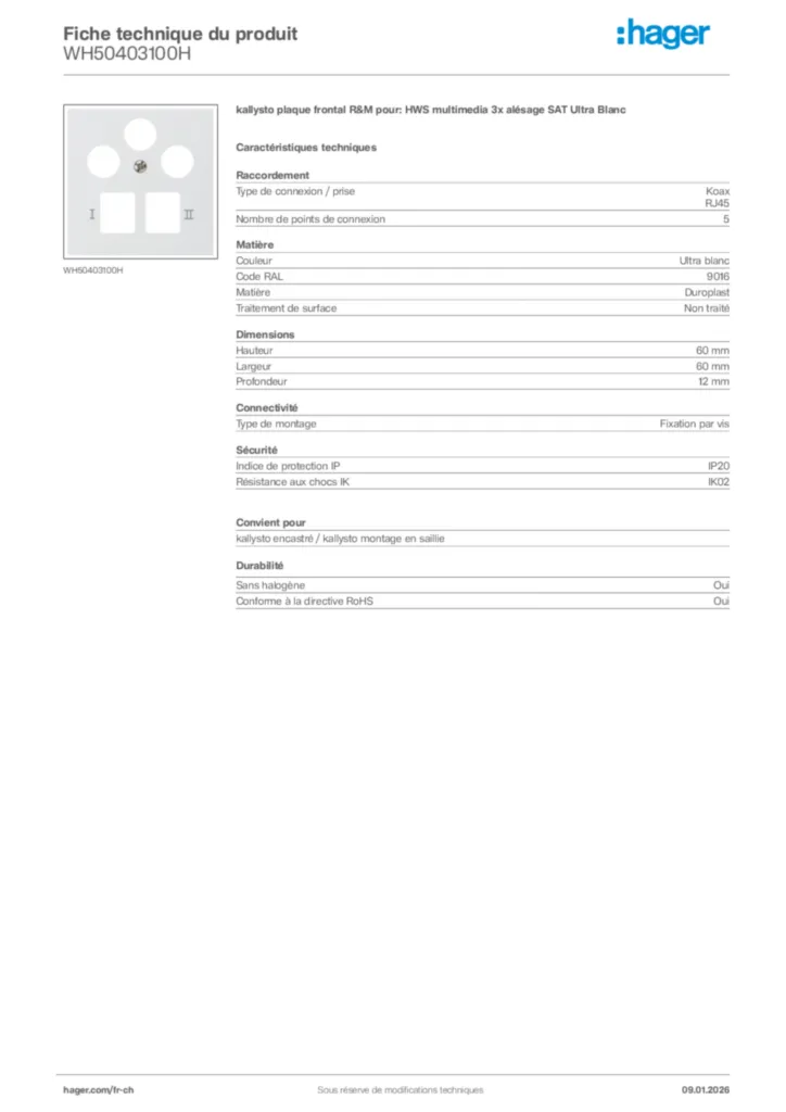 Image Hager Fiche technique du produit WH50403100H | Hager Suisse