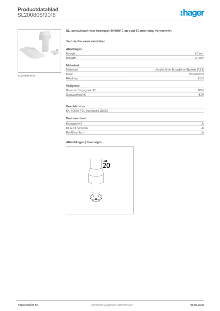 Afbeelding Hager Productdatablad SL20080819016 | Hager Belgium