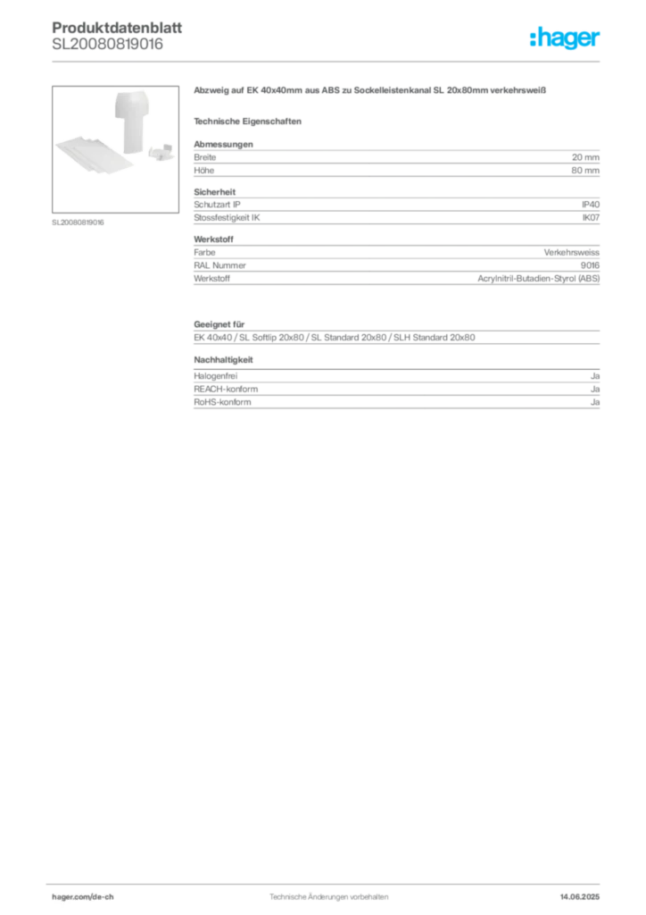 Bild Hager Produktdatenblatt SL20080819016 | Hager Schweiz