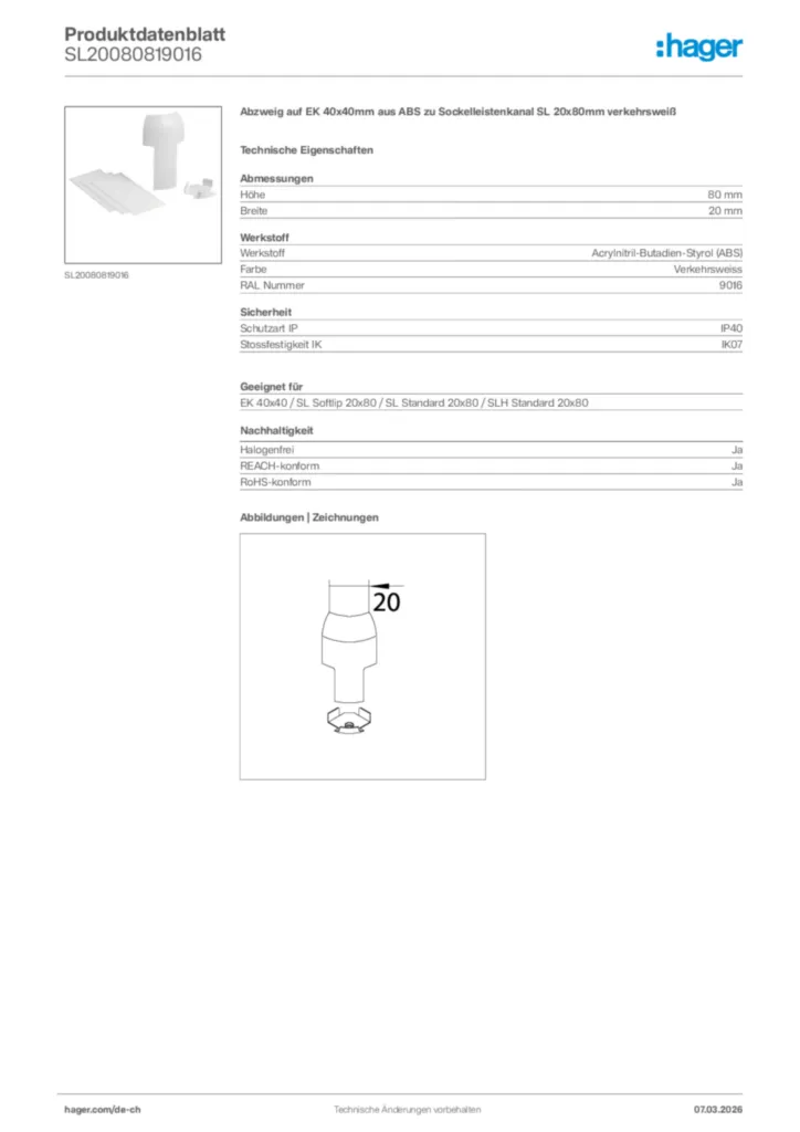 Bild Hager Produktdatenblatt SL20080819016 | Hager Schweiz