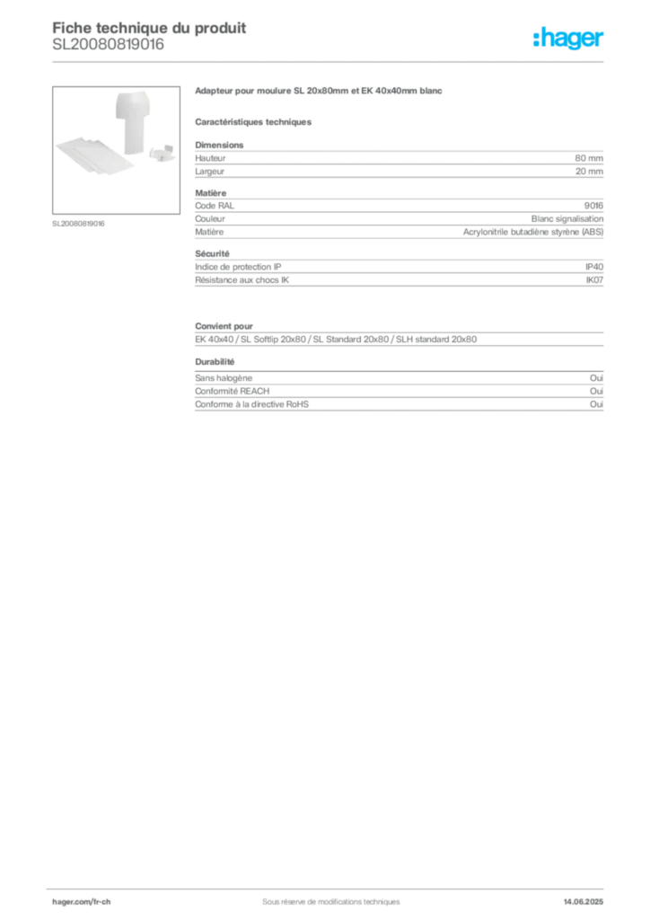 Image Hager Fiche technique du produit SL20080819016 | Hager Suisse