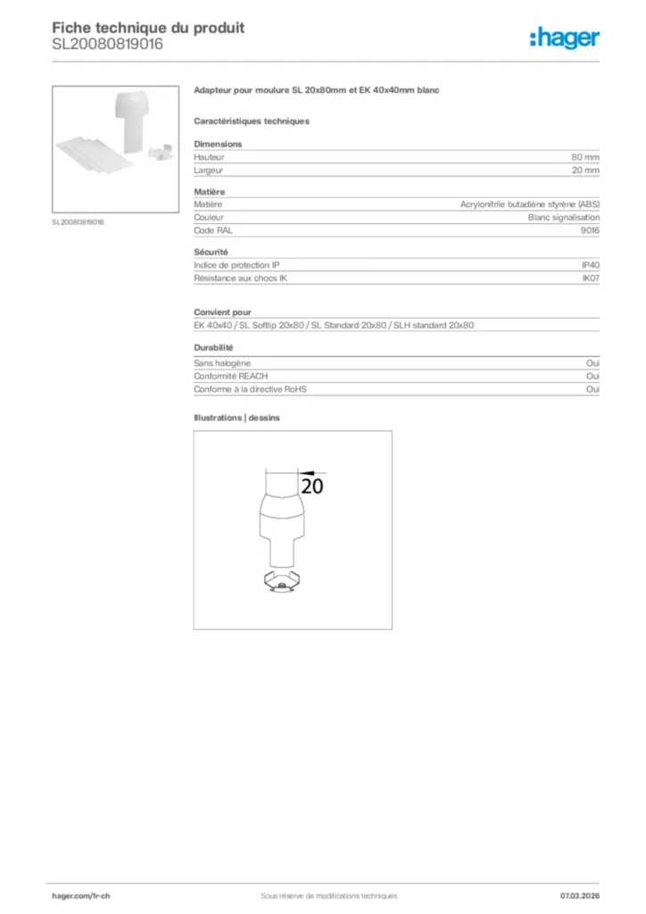 Image Hager Fiche technique du produit SL20080819016 | Hager Suisse