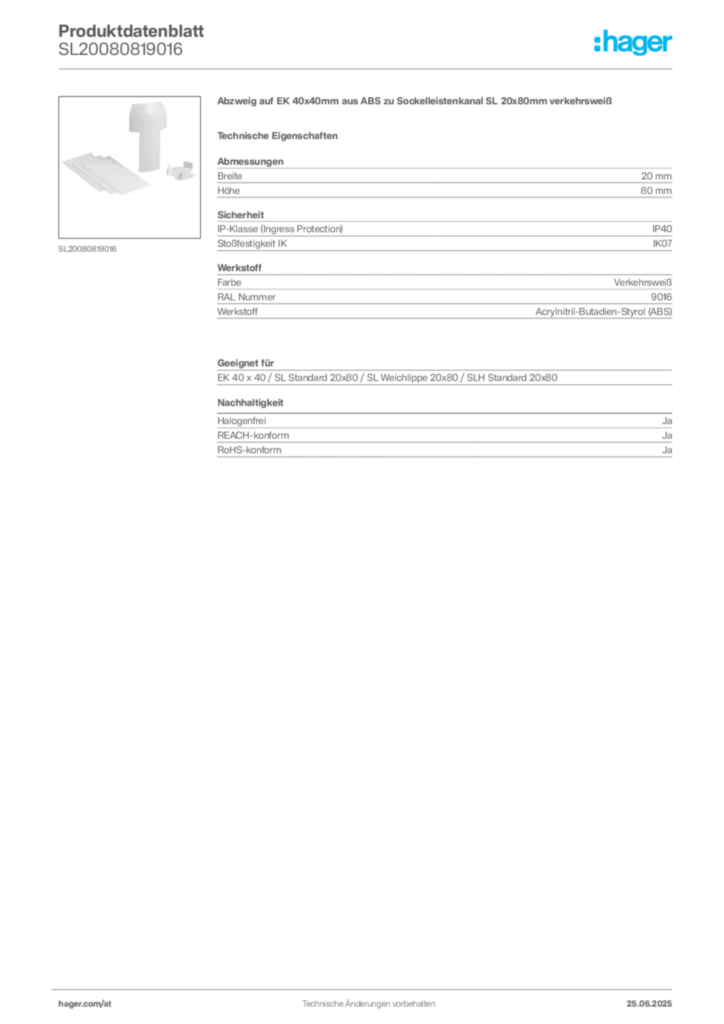 Bild Hager Produktdatenblatt SL20080819016 | Hager Deutschland