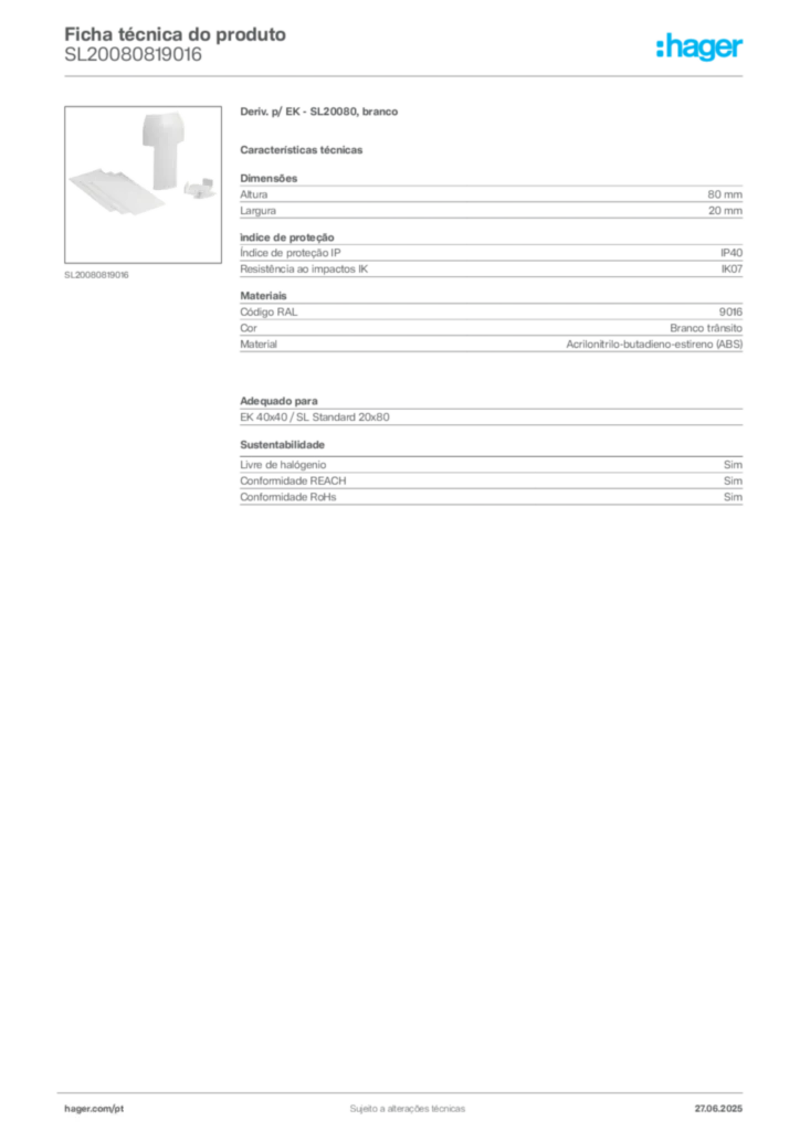 Imagem Hager Ficha técnica do produto SL20080819016 | Hager Portugal