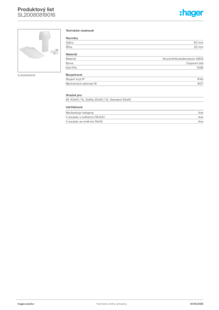 Obrázek Hager Produktový list SL20080819016 | Hager