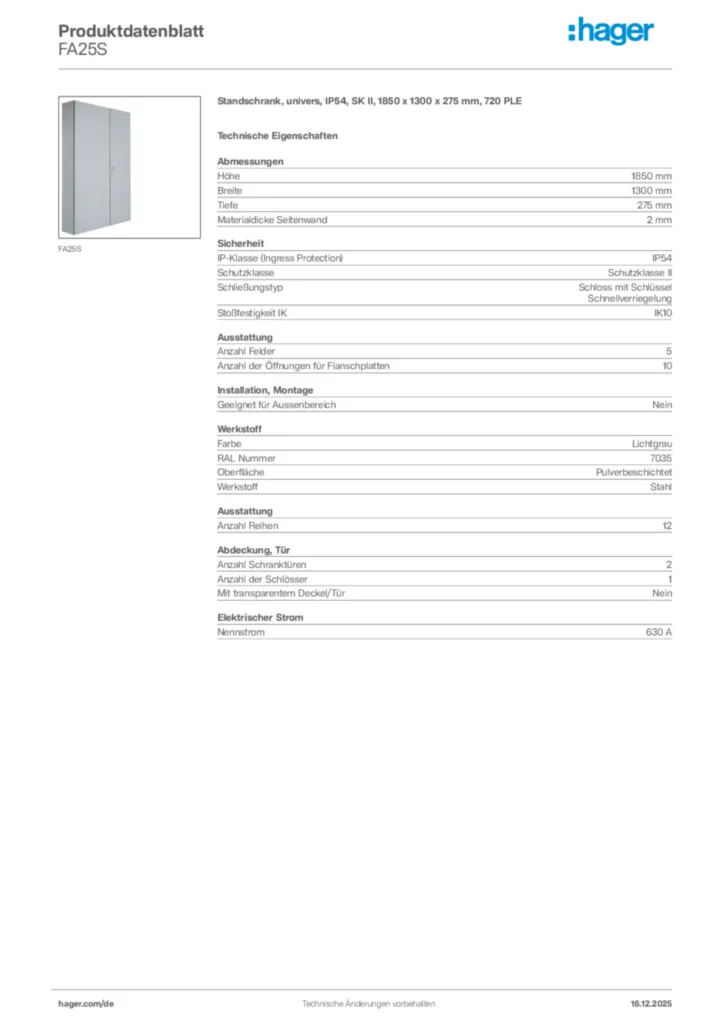 Bild Hager Produktdatenblatt FA25S | Hager Deutschland