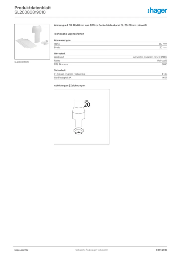 Bild Hager Produktdatenblatt SL20080819010 | Hager Deutschland