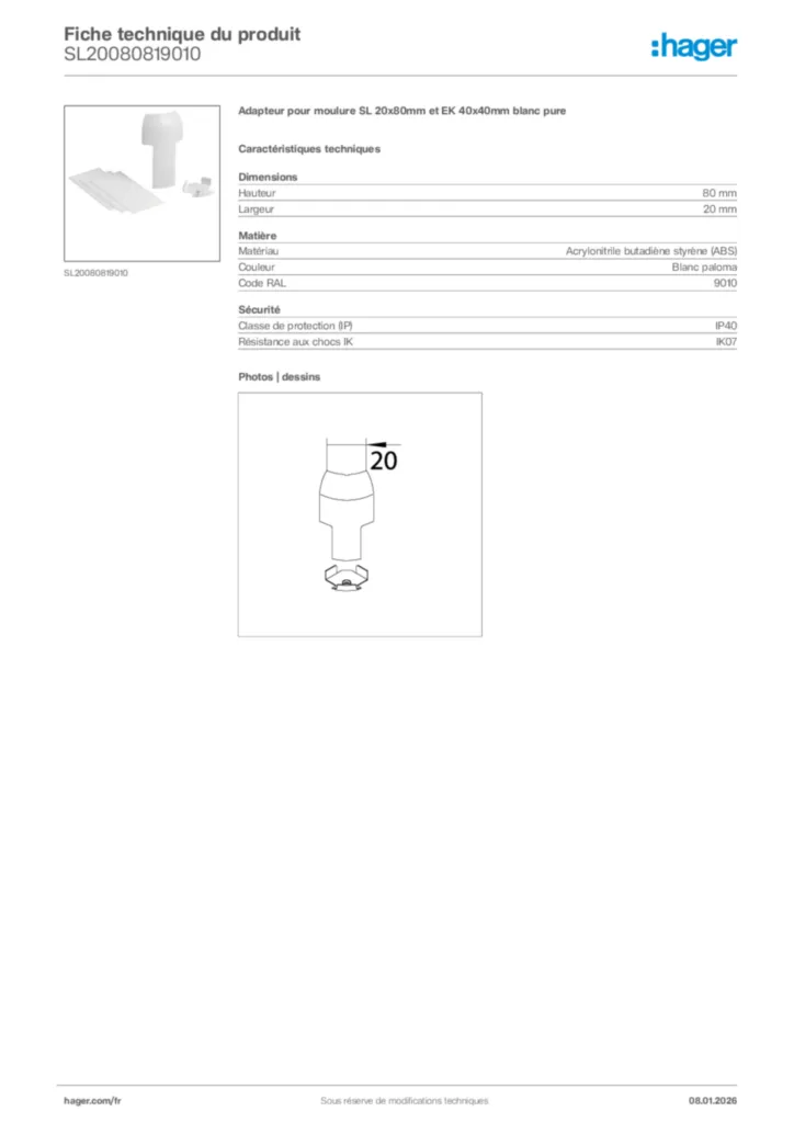 Image Hager Fiche technique du produit SL20080819010 | Hager France