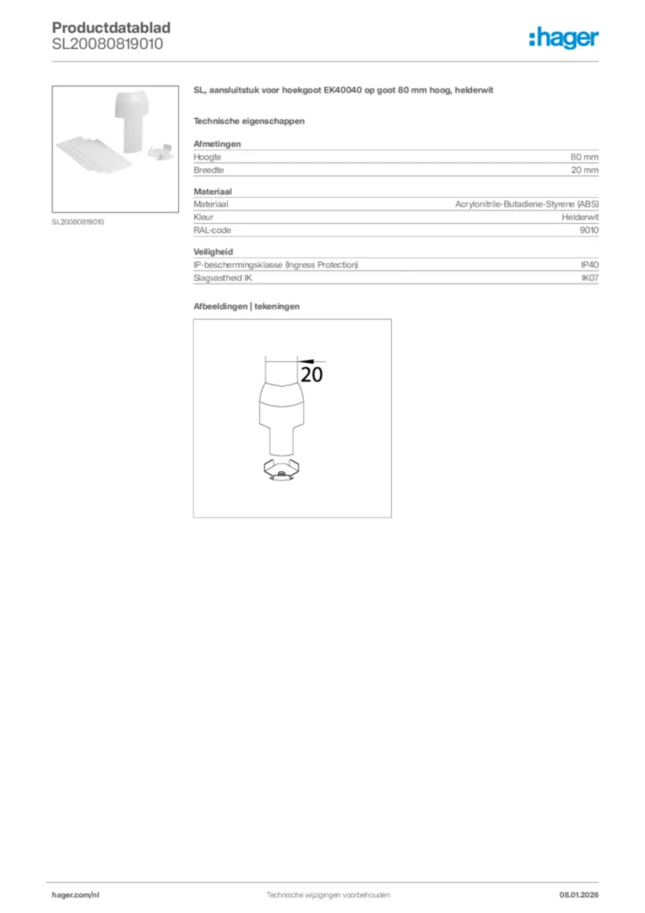 Afbeelding Hager Productdatablad SL20080819010 | Hager Nederland
