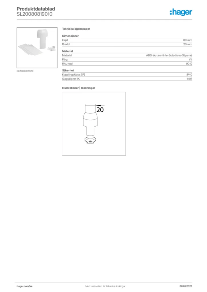 Bild Hager Produktdatablad SL20080819010 | Hager Sverige