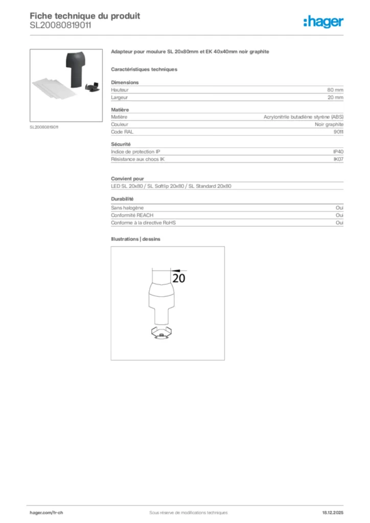 Image Hager Fiche technique du produit SL20080819011 | Hager Suisse