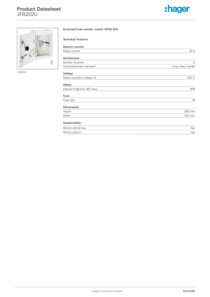 Image Hager Product data sheet JFB202U  | Hager Africa