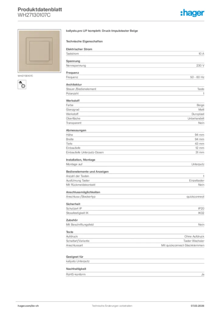 Bild Hager Produktdatenblatt WH27130107C | Hager Schweiz