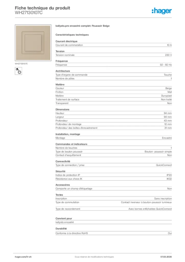 Image Hager Fiche technique du produit WH27130107C | Hager Suisse