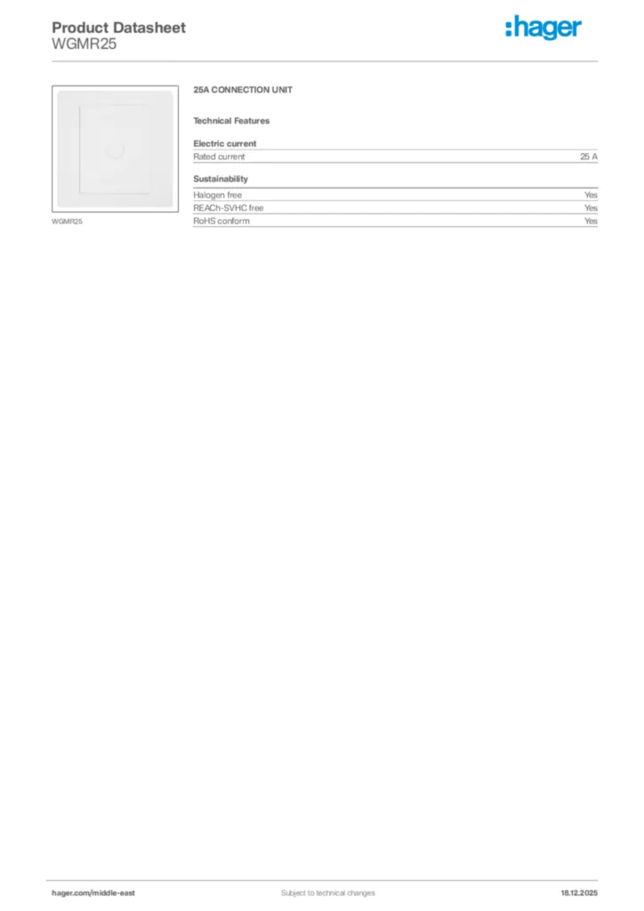 Image Hager Product data sheet WGMR25  | Hager