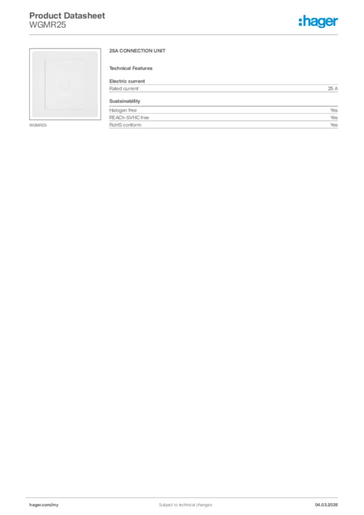 Image Hager Product data sheet WGMR25  | Hager