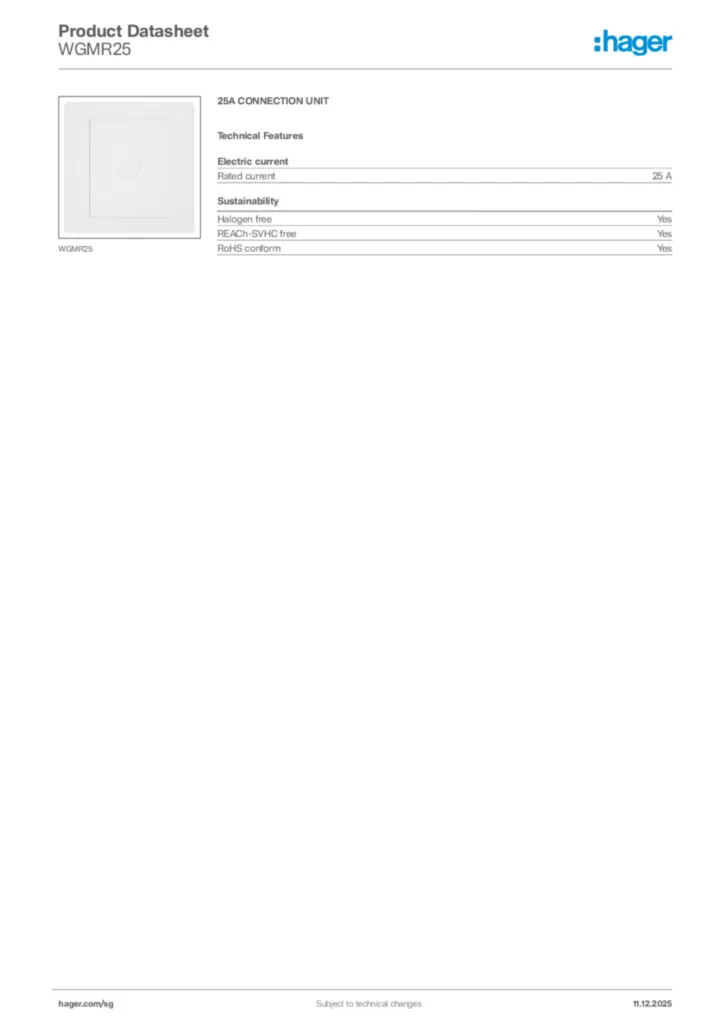 Image Hager Product data sheet WGMR25  | Hager
