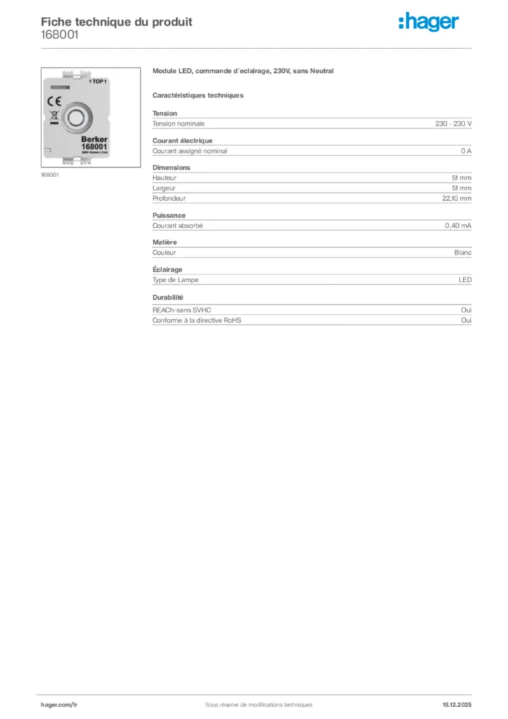 Image Hager Fiche technique du produit 168001 | Hager France