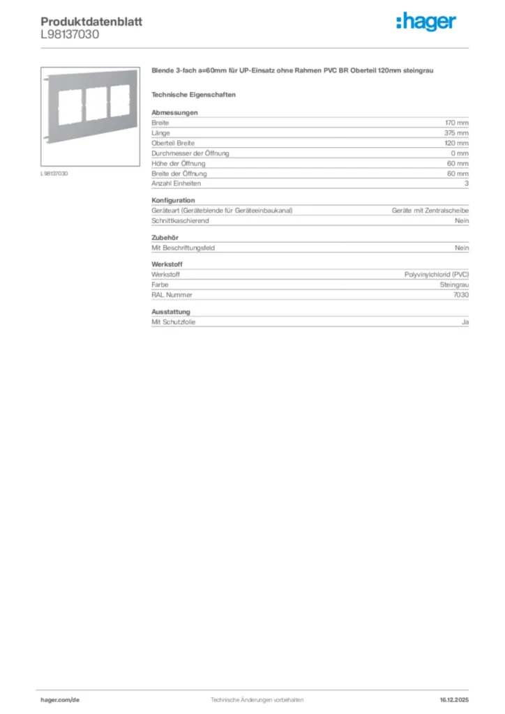 Bild Hager Produktdatenblatt L98137030 | Hager Deutschland