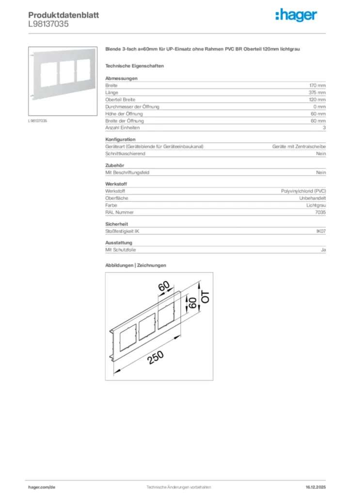 Bild Hager Produktdatenblatt L98137035 | Hager Deutschland