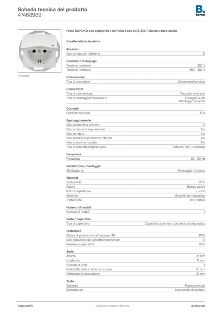 Immagine Berker Scheda tecnica del prodotto 47468989 | Hager Italia