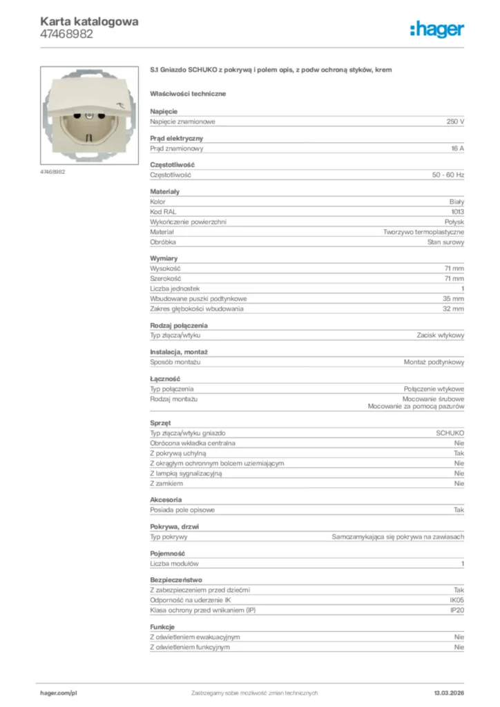 Zdjęcie Hager Karta katalogowa 47468982 | Hager Polska