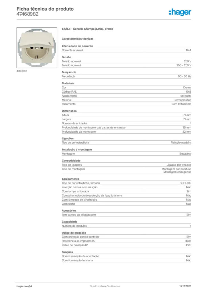 Imagem Hager Ficha técnica do produto 47468982 | Hager Portugal