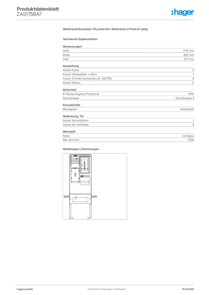 Bild Hager Produktdatenblatt ZAS175BA7 | Hager Deutschland
