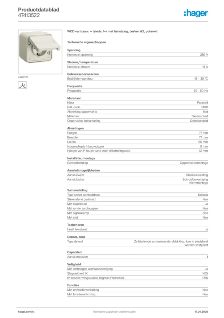 Afbeelding Hager Productdatablad 47413522 | Hager Nederland