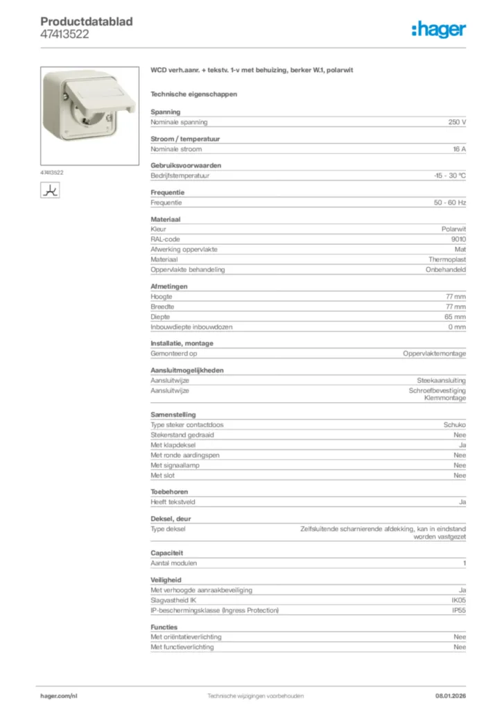 Afbeelding Hager Productdatablad 47413522 | Hager Nederland