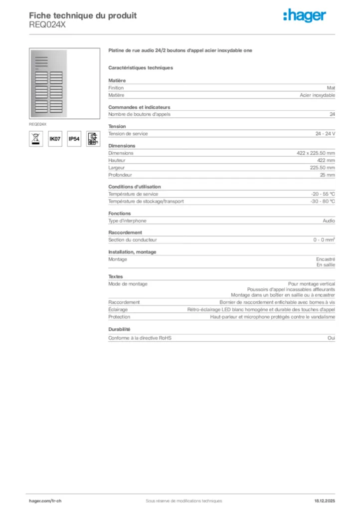 Image Hager Fiche technique du produit REQ024X | Hager Suisse