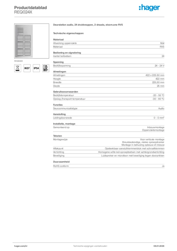 Afbeelding Hager Productdatablad REQ024X | Hager Nederland